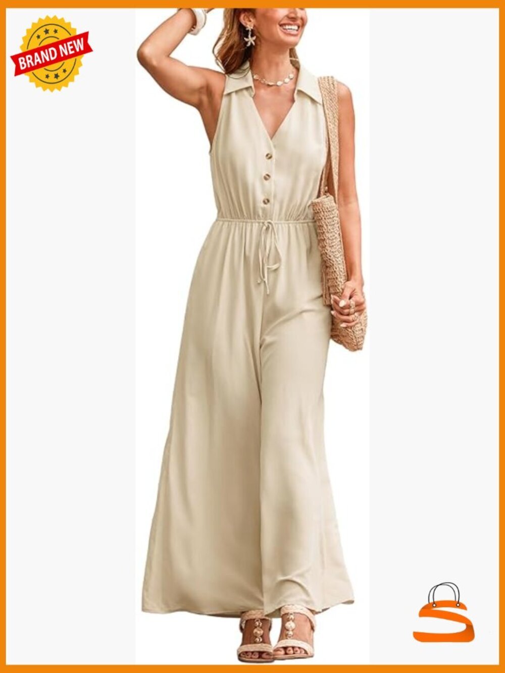 Sleeveless Shirt Collar Drawstring Wide Leg Jumpsuit Summer Beach